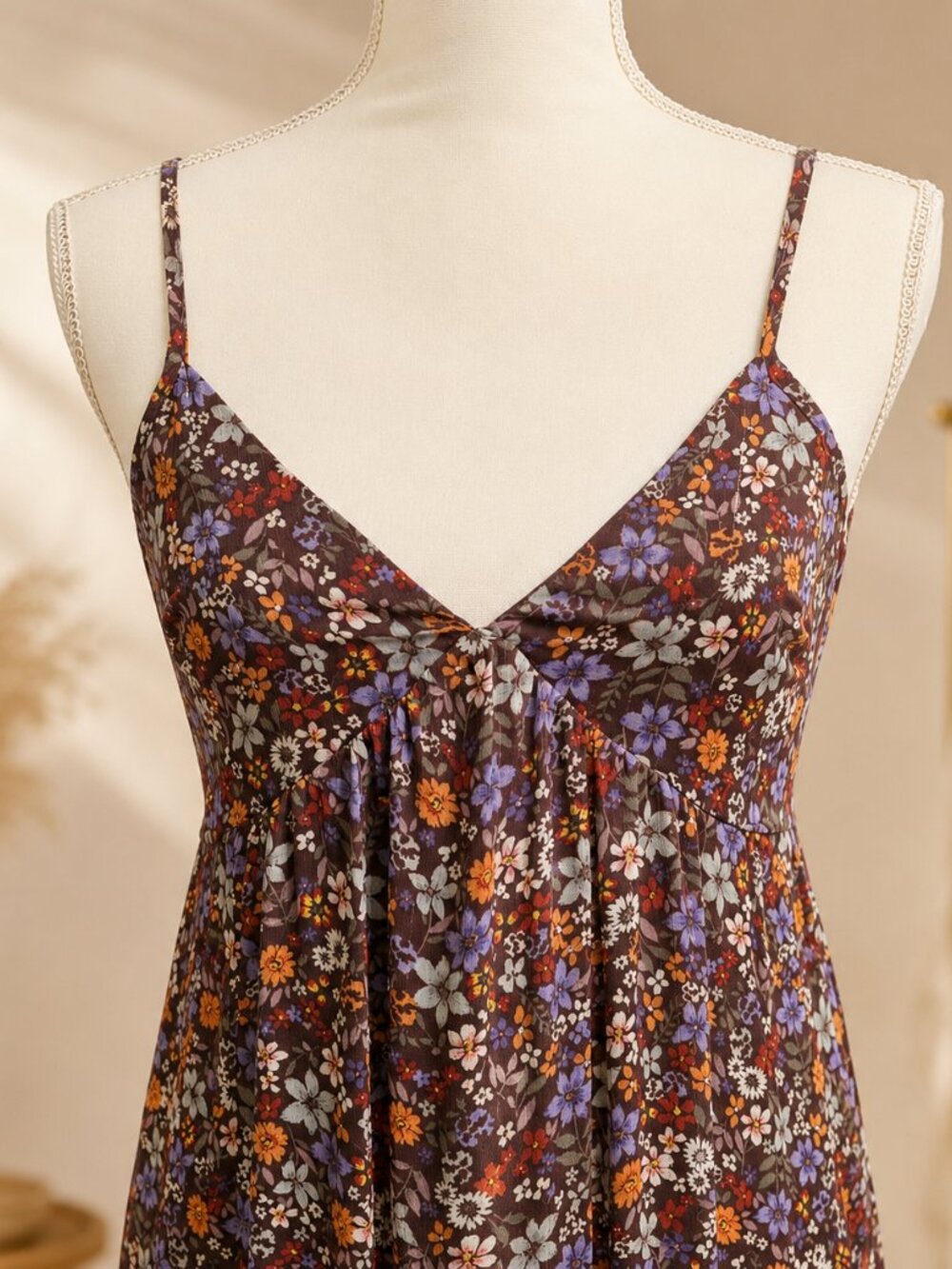 Crystal Doll Brown Floral Spaghetti Strap Maxi Dress XS - Picture 2 of 5